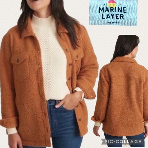 Marine Layer Eden Sherpa Overshirt Jacket Teddy Fleece Button-Up Cashew Brown M - Picture 16 of 16